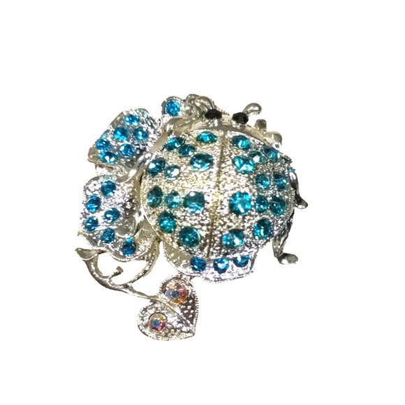 Hair Barrette Tension Clip Silver Tone Beetle Blue Rhinestone Black Eyes Small - Picture 2 of 6